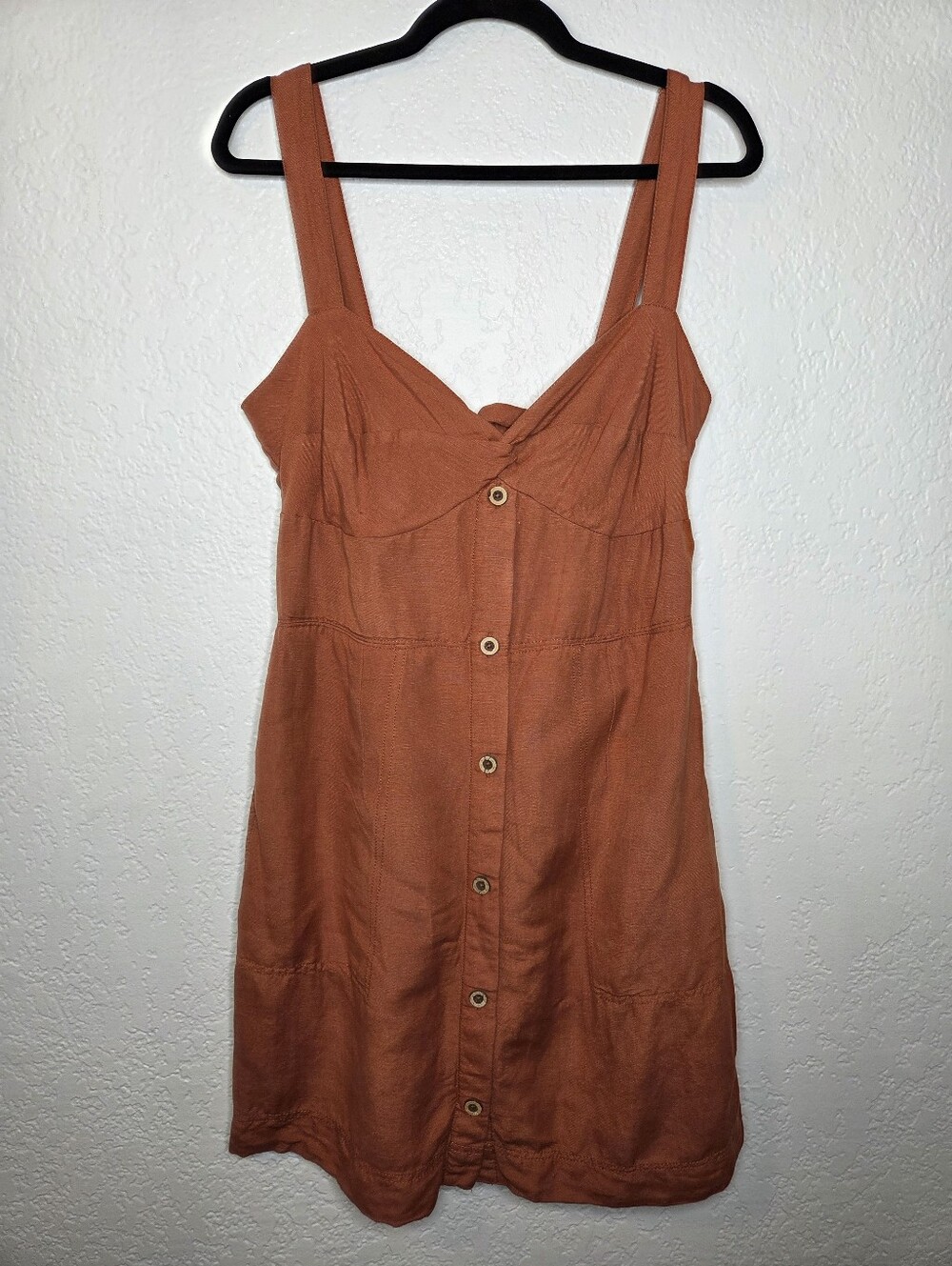 Maeve By Anthropologie Rust Brown Button Front Mini Dress Size Large Linen Blend